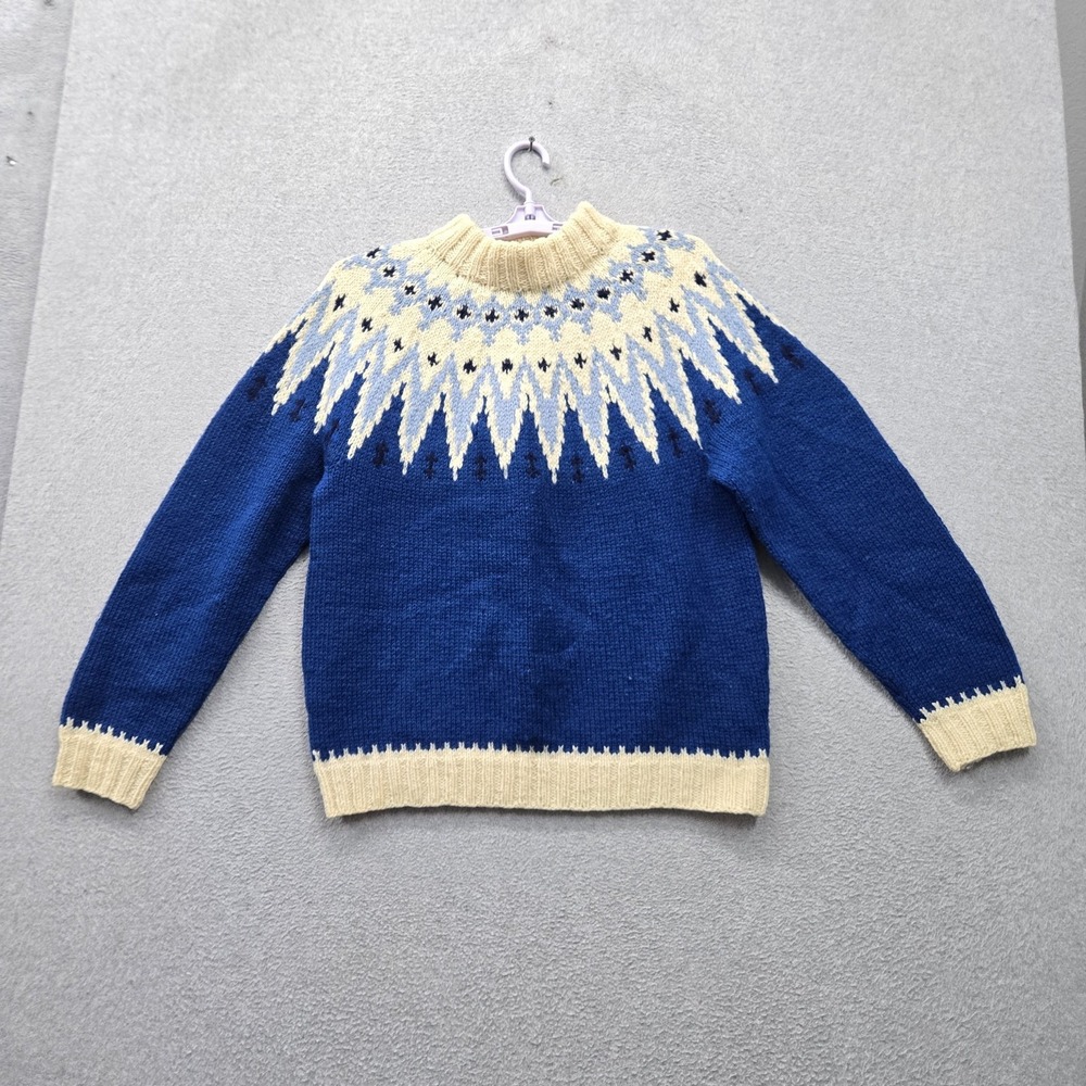 VINTAGE Handmade In Denmark Men Sweater M Blue Fair Isle 100% Pure Wool Nordic